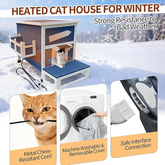 Rockever Heated Cat House for Outside Cats in Winter, Large Heated Cat Houses with Heating Pad, Wooden Outside Cat Shelter Weatherproof with Escape Door(Blue)