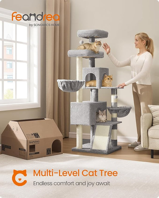 Feandrea Cat Tree, 68.5-Inch Tall Cat Tower, Multi-Level Plush Condo with Large Perch, Scratching Posts, Double Caves, Dove Gray UPCT006G01