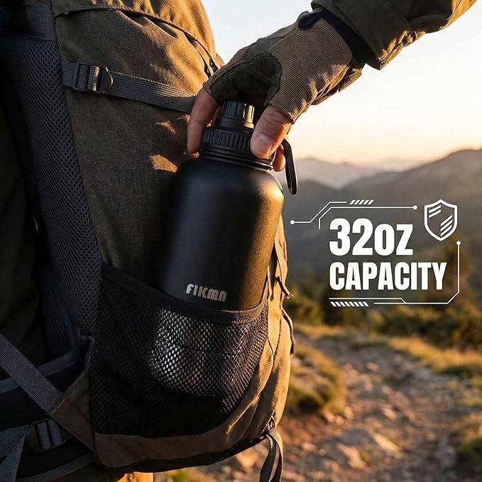 3-in-1 Dog Water Bottle with 2 Bowls, 32oz Insulated Stainless Steel Travel Bottle for Pets & Humans, Leak-Proof Portable Design for Hiking, Camping & Travel (Black)