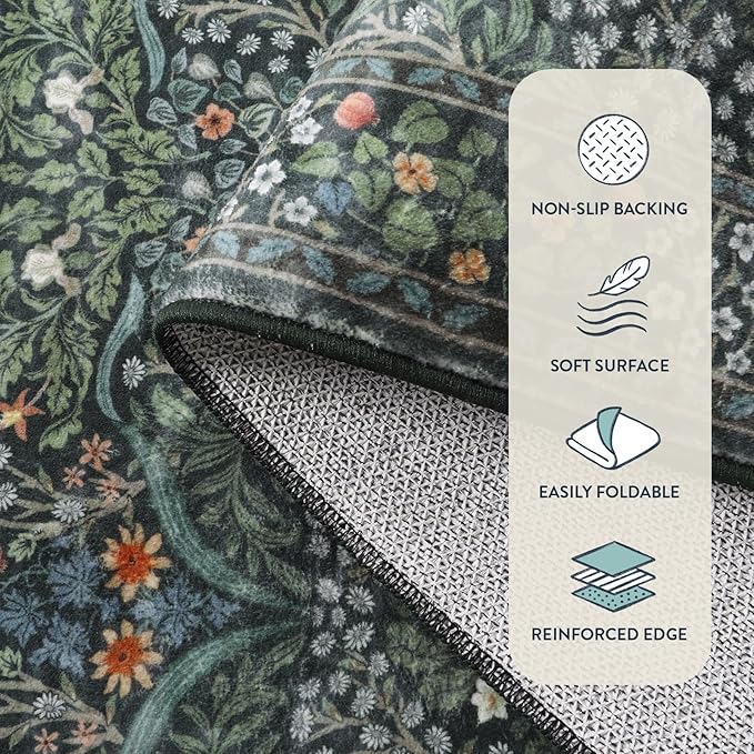 Lahome Floral Entryway Rug, 2x3 Kitchen Rugs Non Slip Washable Boho Green Forest Design, Soft Door Mat Indoor Entrance, Ultra-Thin Easy Clean Small Throw Carpet for Bedroom Bathroom, Dark Green
