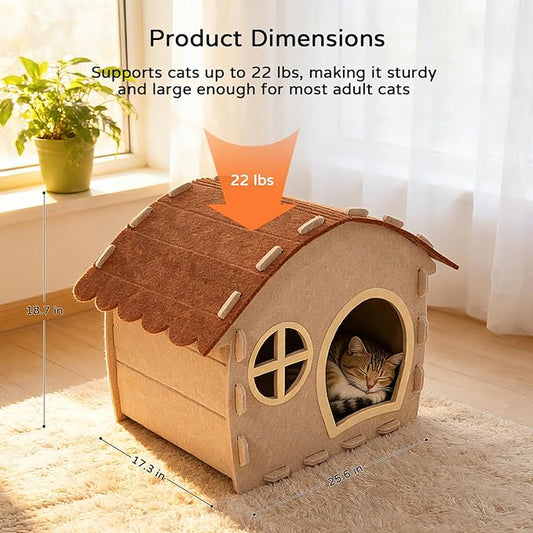 Cat Houses for Indoor Cats, Felt Cat House Cave Hideway, Foldable Cat Condos Type Cats Beds Playhouse for Large Cat Up to 22 lbs, 25.6x18.7x17.3 inch (Khaki)