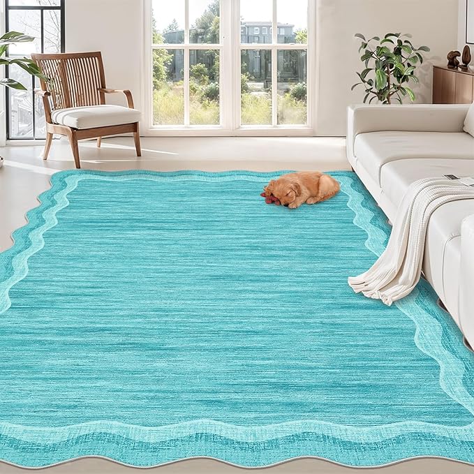 GarveeHome Modern Rug for Living Room 9x12 Large Scalloped Carpet, Non-Shedding Contemporary Easy Cleaning Mats, Solid Color Teal Indoor Rug for Office, Dining Room, Playroom, Bedroom