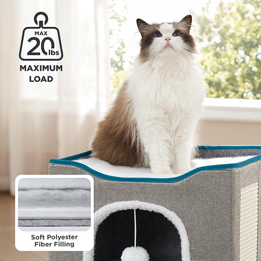 Bedsure Cat Beds for Indoor Cats - Large Cat Cave for Pet Cat House with Fluffy Ball Hanging and Scratch Pad, Foldable Cat Hideaway, 16.5x16.5x13 inches, Black