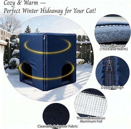 Weatherproof Outdoor Cat House with Insulated Liner for Feral Cat, Plastic Elevated Cat Shelter with Escape Door, Easy Assemble, Expansive Interior Grey 27.0" L x 27.0" W x 21.0" H