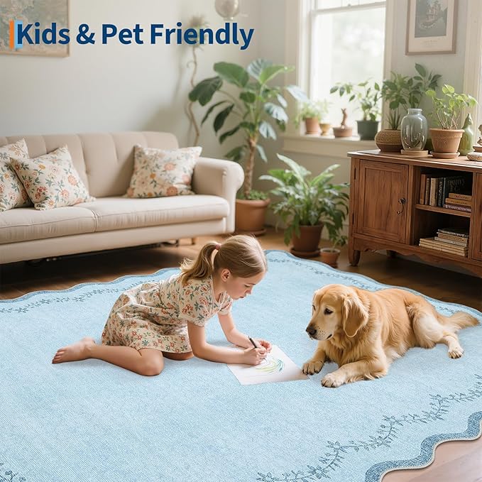 GarveeHome Scalloped Area Rugs 8x10 for Girls Bedroom, Solid Blue Large Washable Rug Soft Non Slip Backing Floor Mat Carpet Indoor Thin Rug for Living Room Dining Room Playroom Nursery Home Decor