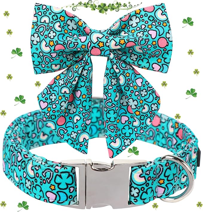 Maca Bates St. Patrick's Day Shamrock Dog Collar,Sailor Bow,Large Girl Boy Dogs,Cute Rainbow,Four Leaf Clover Pattern,Adjustable Durable Soft Collars Irish Gift for Male Female Puppy