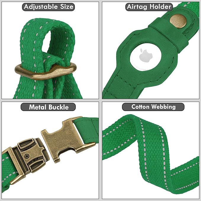 Reflective Leather Dog Collar with AirTag Holder - Soft Apple Airtag Dog Collar with Metal Buckle - Safety Cotton Pet Collars for Dogs Small Large Dogs Puppy (Green, L, 17"-21")