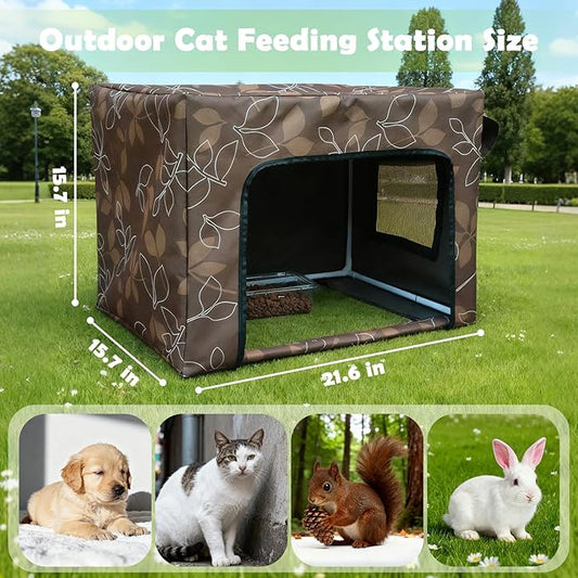 Outdoor Cat House Weatherproof Feeding Station for Food & Water,Large Clawsable Cat Houses for Outdoor Cats,Waterproof Kitty Dining Room Cats Shelter for Stray,Feral & Community Cats (Green)