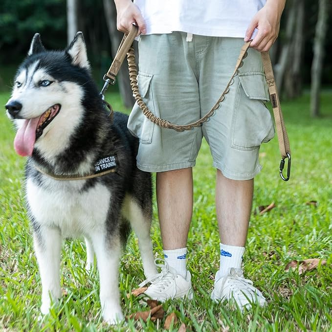 EXCELLENT ELITE SPANKER Tactical Bungee Dog Leash Military Adjustable Dog Leash Quick Release Elastic Leads Rope with 2 Control Handle(Coyote Brown)