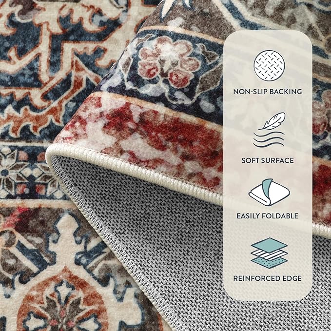 Lahome Oriental Washable Rugs for Living Room, 5x7 Area Rugs for Bedroom Ultra-Thin Non-Slip, Stain Resistant Vintage Low-Pile Throw Carpet for ?랣ining Room Office, Brick Red