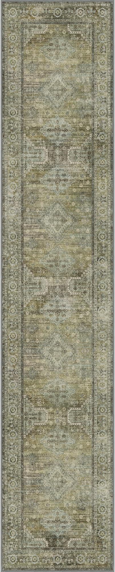 GENIMO Runner Rug 2x10 Non Slip Machine Washable Vintage Hallway Runner Rugs, Low Pile Lightweight Mat for Living Room, Entryway, Bedroom, Kitchen and Corridor, Distressed Sage