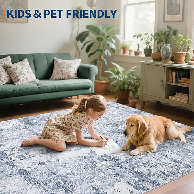 GarveeHome Modern Area Rug 6x9 Washable Rugs for Living Room Aesthetic, Large Abstract Non-Slip Low-Pile Indoor Blue Grey Printed Accent Carpet for Bedroom Dining Room Office