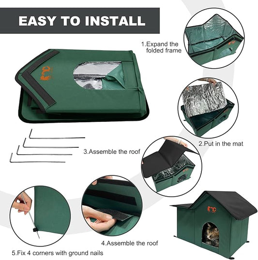 Outdoor Cat House, Feral Cat House, Pet Outside Waterproof House for Outdoor/Indoor Cats, Insulated Cat Bed for All Seasons (Green, Upgrade)