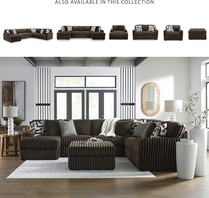 Signature Design by Ashley Midnight-Madness Casual L-Shaped Anti Sag 3-Piece Sectional with Reversible Seat Cushions and 9 Accent Pillows, Dark Brown