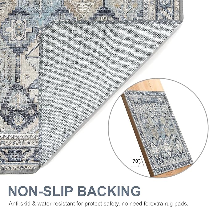 GENIMO 6x9 Area Rugs for Living Room, Machine Washable Vintage Non Slip Rugs, Low Pile Lightweight Chenille Print Rug for Bedroom, Dining Room, Home Office, Vintage Brown & Blue