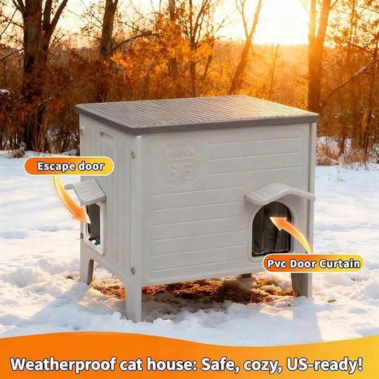 Weatherproof Outdoor Cat House with Insulated Liner for Feral Cat, Plastic Elevated Cat Shelter with Escape Door, Easy Assemble, Expansive Interior Grey 22.0" L x 21.0" W x 16.0" H