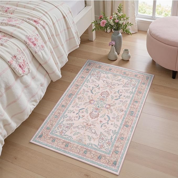 DCX Pink Floral 2x3 Entryway Rug, Machine Washable Soft Non Slip Vintage Floral Rug for Kitchen, Bedroom, Laundry, Bathroom