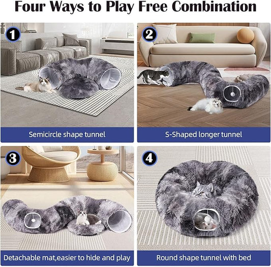 Odoland Cat Tunnel Bed with 20 Cat Toys - Indoor Plush Kitten Couch,Detachable Cats Cave Donut Tunnel & Soft Kitten Toy Set-Cozy Cat Furniture Black