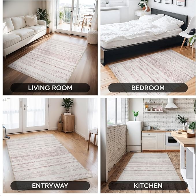 3x5 Pink Area Rug Machine Washable Non Slip Rug Distressed Neutral Moroccan Boho Rug Ultra Soft Indoor Rugs for Bedroom Living Room Entryway Kitchen Foyer Bedside