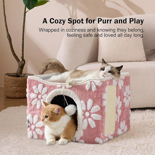 Cat Houses for Indoor Cats, Cute Cat Cave with Fluffy Ball Hanging and Scratch Pad, Foldable Kitten Condo Hideaway, 17x17x13 inches, Pink Flower