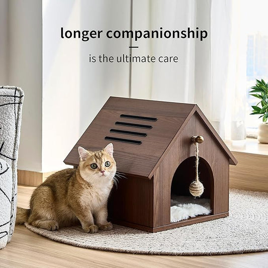 Cat House for Indoor Cats - Modern Wooden Covered Cat Cave Bed, Sturdy & Durable Cat Hideaway Hanging Ball Toy & Warm Plush Mat Included, Easy Assembly – Follow Video or Instruction Manual.