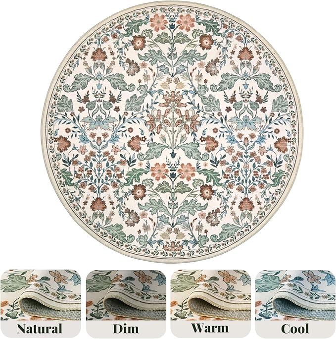 Floral Area Rug for Living Room: 6x6 Round Washable Soft Low Pile Thin Indoor Carpet, Non Slip Stain Resistant Vintage Flower Boho Accent Large Rugs for Bedroom, Dining, Home Office, Nursery - Beige