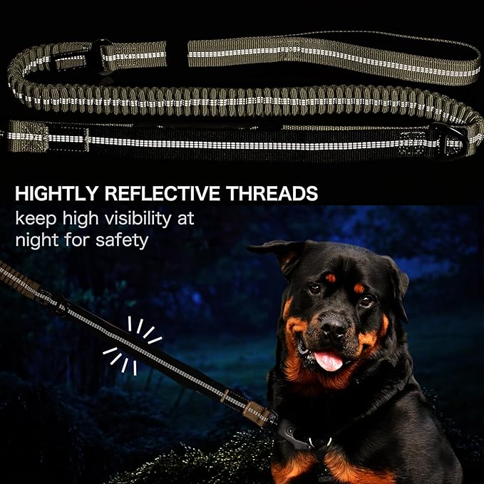 Heavy Duty Tactical Dog Leash with Quick Release Carabiner and Highly Reflective Threads,4-6FT Power Stretch Dog Leash for Medium Large Dogs (Army Green & Black)