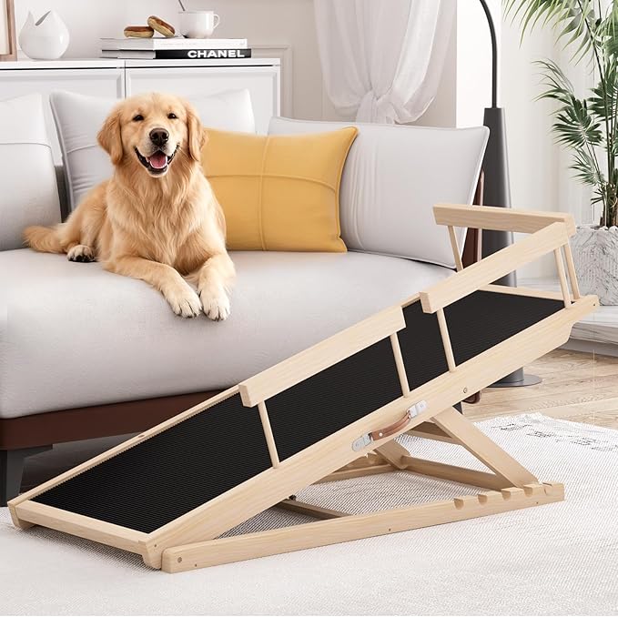 Dog Ramp for High Bed, Couch, Car, Pet Ramps 55.12" Long Adjustable 19.3"-27.17" Wooden Dog Step with Anti-slip Rubber Mat & Safety Side Rails for Small Medium Large Older Pets, up to 250 lbs