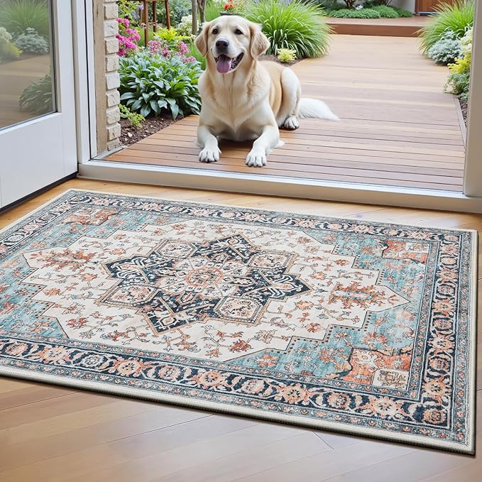Lessymo Washable 2×3 Small Area Rugs for Entryway Bathroom, Soft Kitchen Rug Non-Slip Carpet Indoor Door Mat for Floor, Vintage Boho Low Pile Rugs for Entry Bedroom Nursery Home Decor, Orange/Blue