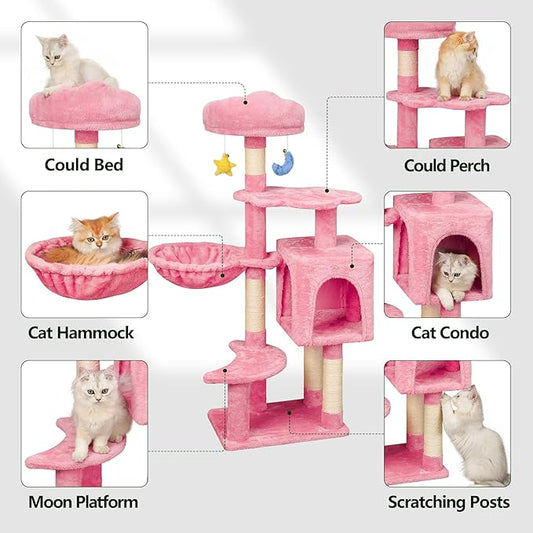 43-Inch Cat Tree,Cute Cloud Cat Tree for Kittens & Small Cats Under 6 Months 9lbs, Cat Tower with Scratching Post, Double Condos, Plush Hammock & Dangling Toys, Pink