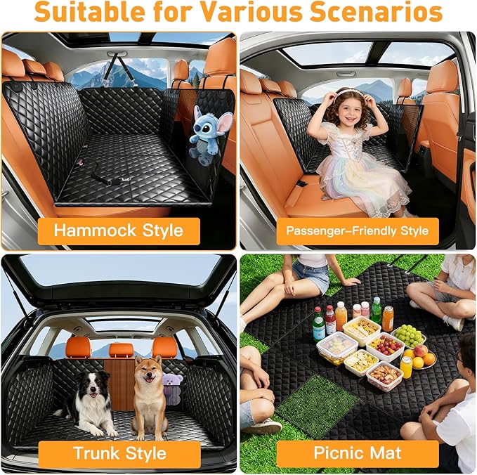 Dog Car Seat Cover for Back Seat, Hard Bottom Back Seat Extender for Dogs, Dog Hammock for Car SUV and Trucks - Waterproof, Anti Scratch,Easy to Clean, Supports 400lbs