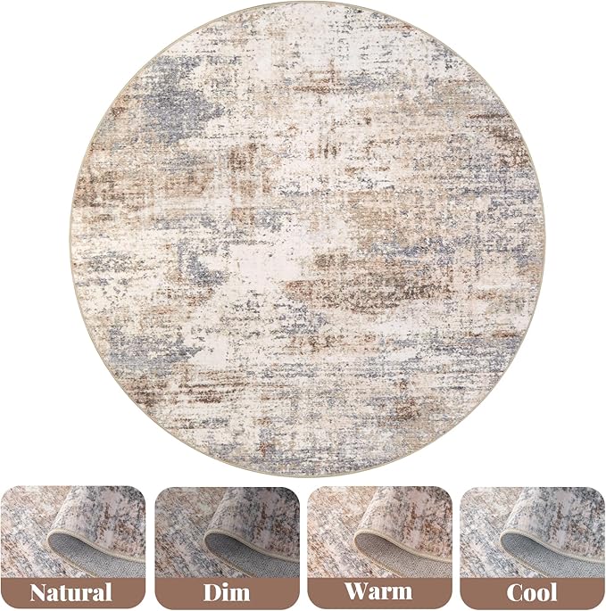 Area Rug Living Room Washable Rugs: 6x6 Modern Neutral Abstract Low Pile Non Slip Floor Carpet - Large Soft Thin Stain Resistant Rug for Bedroom Dining Indoor Office Home, Brown Grey