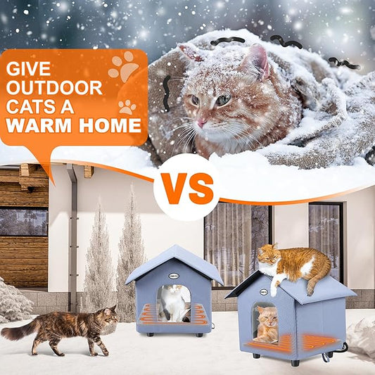 Dreyoo 2 Pack Heated Cat House Weatherproof, Winter Outdoor Tent with Heated Bed, Foldable Warm Shelter with 2 Doors for Feral Cats and Small Animals (Blue)