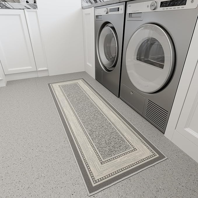 Ottomanson Hallway Runner Rug 20" x 59" Non Slip Border Area Rugs Easy to Clean Laundry Rug Runner Durable & Pet Friendly Floor Carpet Runners for Hallways Entryway Living Room Kitchen, Light Gray