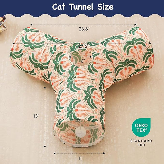 Tempcore Pet Cat Tunnel Tube Cat Toys 3 Way Collapsible, Cat Tunnels for Indoor Cats,Kitty Tunnel Bored Pet Toys Peek Hole Toy Ball Puppy, Kitty, Kitten, Rabbit Khaki Coconut Tree