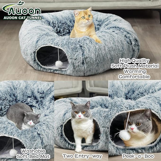 AUOON Cat Tunnel Bed for Indoor Cats - Large Cat Donut Tunnel with Hanging Ball Toy, Collapsible 2-in-1 Multifunctional Interactive Cat Toy for Kitten, Puppy, Rabbit, Ferret (Gray)