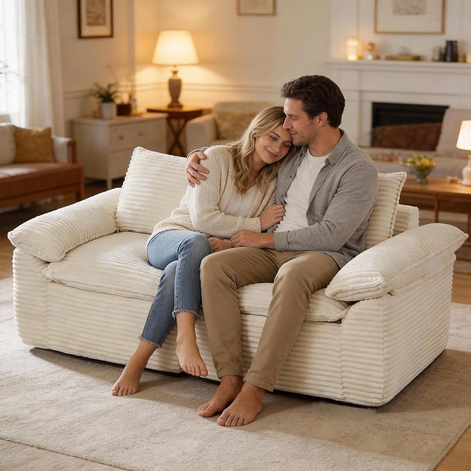 80" Cloud Loveseat Sofa, Boneless Couch Sofa in A Box for Living Room, Modern Modular Sectional Sofas 2 Seat Couch Foam Comfy No Assembly Cloud Couches with Throw Pillows for Bedroom, Dorm, White