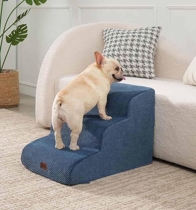 Made4Pets Dog Stairs Ramp for Small Dogs 15.7" H, 3-Step Dog Steps for Bed Couch Sofa and Chair, 35D Foam Pet Steps for Small Dogs and Cats, Non-Slip Bottom Pet Stairs, Navy