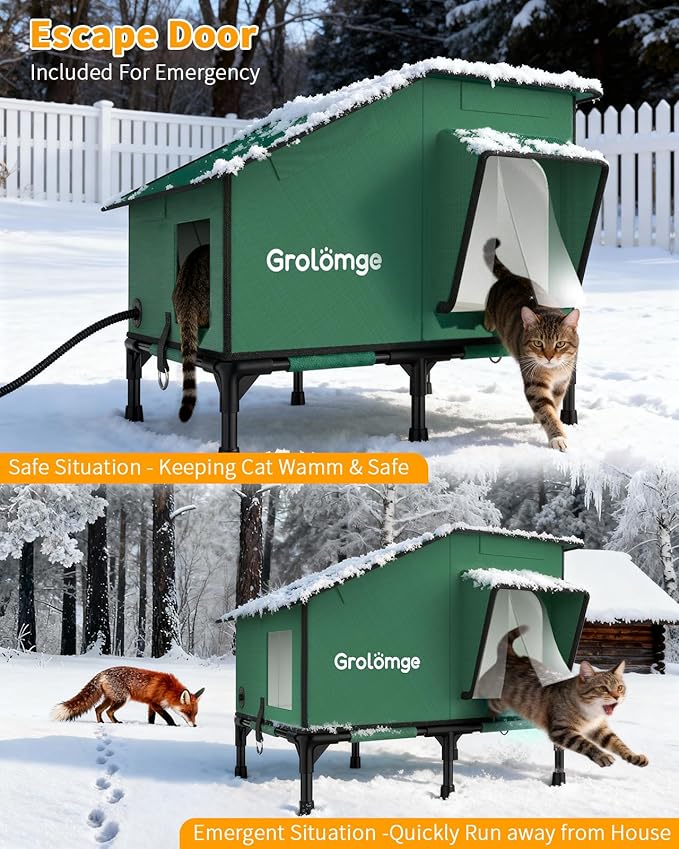 Heated Cat House for Outside, Elevated Cat Shelter with Heating Pad & Escape Door, Extremely Insulated Outdoor Cats Shelter for Feral Cats, Community Pets, Kittens