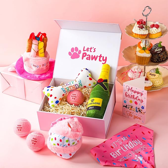 10 Pcs Dog Birthday Toy Set Dog Birthday Cake Bone Wine Bottle Hat Bib Ball Card Ribbon Plush Pet Gifts for Small Medium Puppy Squeaky Dogs Pet Toy Party Supplies(Pink)