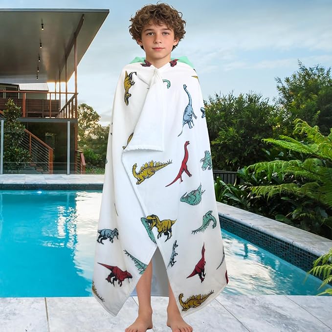 VOOVA & MOVAS Dinosaur Hooded Towels for Teens & Big Kids 8Years Up | Soft, Absorbent 100% Cotton Towel Wrap for Boys | Beach, Pool, Swim & Bath Cover-Up