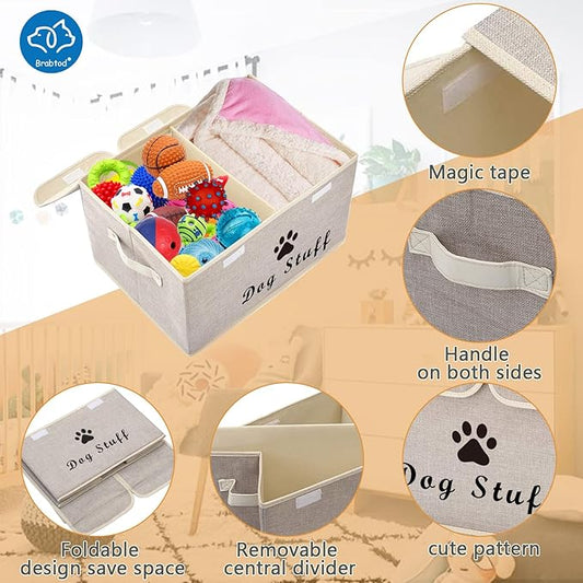 Large Dog Toys Storage Box Canvas Storage Basket Bin Organizer with Lid - Collapsible Linen Bin Ideal for Organizing Dog Cat Toys and pet Stuff-PP Boad-17" x 12" x 10" - Beige