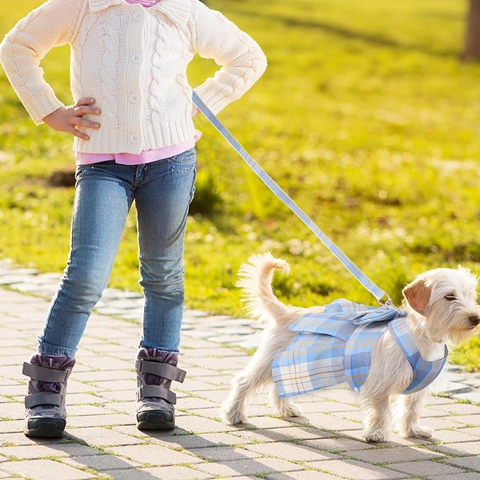 4 Pcs Cute Plaid Dog Dress Set with Bow Tie Harness & Leash for Small Dogs, Puppy Clothes for Girls Outfits(M,Light Color)