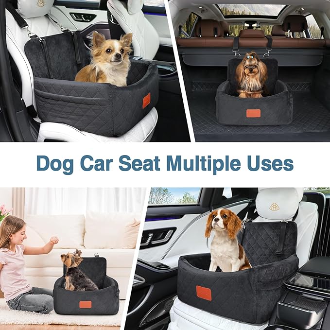 Dog Car Seat for Small Dogs Under 30lbs, Washable Pet Travel Car Bed with Memory Foam,Fully Detachable Cover,2 Storage Pockets & Safety Leash,Non-Slip Bottom(Black)