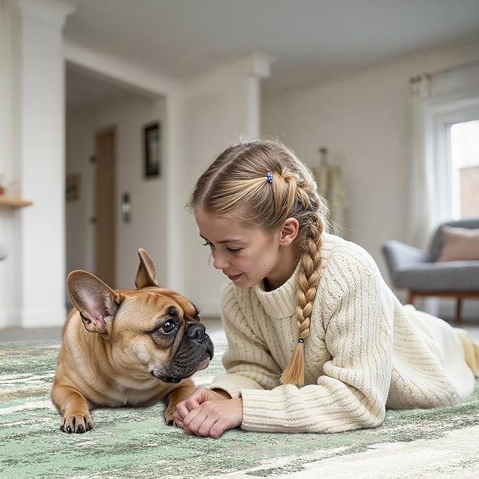 Round Rugs 5FT for Living Room Bedroom, Modern Abstract Machine Washable Circle Rug, Soft Low Pile Floor Cover with Non Slip Backing for Dining Room, Light Green