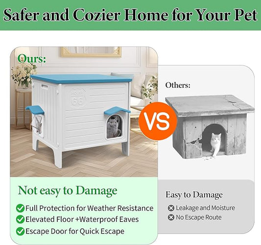 Deblue Outdoor Cat House Weatherpoof Large Plastic Cats Houses with Escape Door Indoor Waterproof Feral/Pet Cat Shelter Outside for Multiple Cats (Blue)