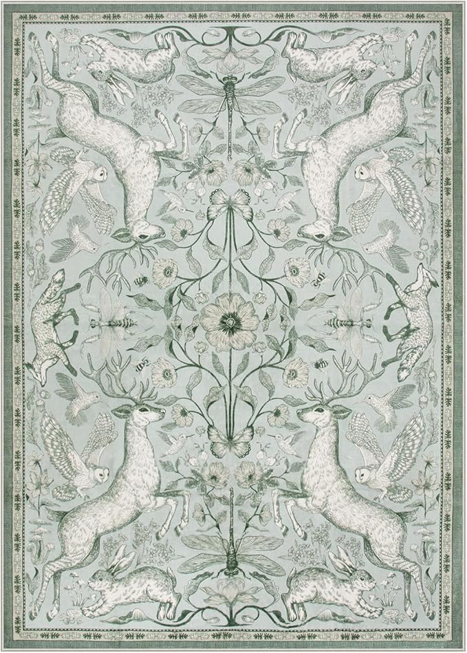 Lahome Boho Animal 5x7 Washable Living Room Area Rugs, Green Soft Rugs for Bedroom, Botanical Large Boho Non Slip Dining Room Carpet for Under Table Entryway Kitchen Office (5x7ft,Light Green)