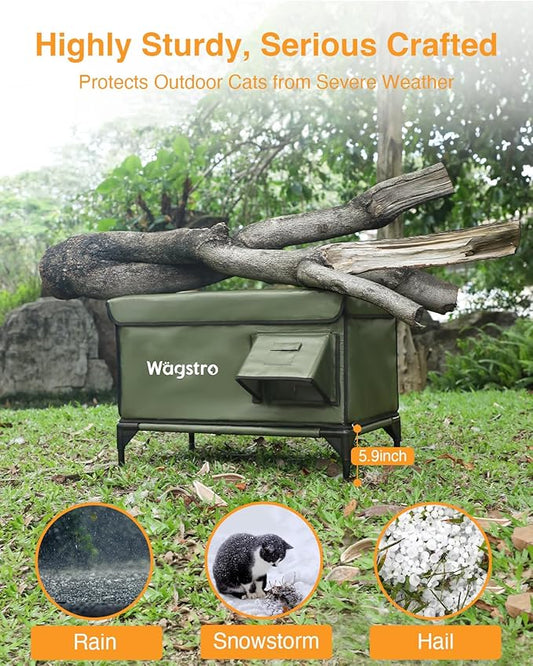 Ex-Large Heated Cat House for Outside in Winter, 100% Waterproof, Escape Door, 6" Elevated, Weatherproof Insulated Outdoor Cat House Shelter with Heater for Stray Feral Cat (Olive Green, 29"x17"x20")