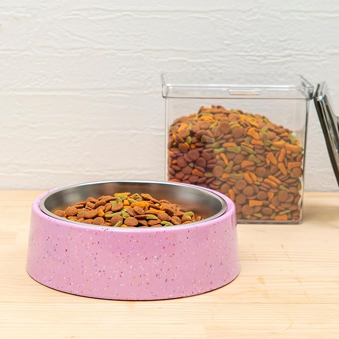 Bzyoo 4 Cup Tilted Dog Bowl with Measuring Scoop for Small Dogs & Cats, Stylish Sprinkle Design, Elevated, Stainless Steel 32 oz Inner Bowl, Non-Skid, Help Cotain Spills Color: Pink