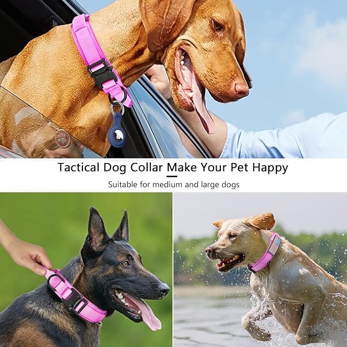 DAGANXI Tactical Dog Collar, Adjustable Military Training Nylon Dog Collar with Control Handle and Heavy Metal Buckle for Medium and Large Dogs, with Patches and Airtags Case (L, Pink)